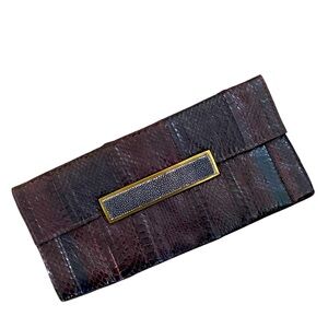 Vintage 90’s R&Y Augousti Snake Skin Leather Wooden Magnetic Flap Clutch